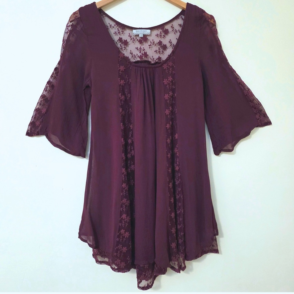 World Market Sheer Lace Mini Dress Sz S/M Flare Sleeve Boho Whimsigoth Fairy